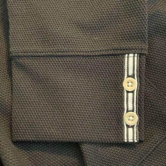 Talbots Black Waffle Knit Tunic Top Striped Button Cuffs Kanga Pocket M - Picture 8 of 8